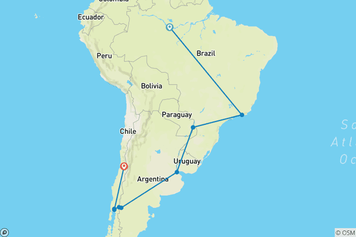 Carte du circuit Odyssée sud-américaine avec le Brésil et l'Amazonie