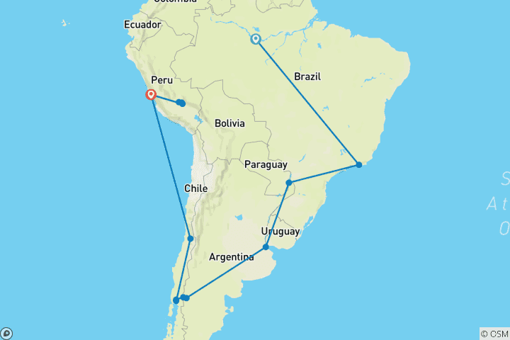 Carte du circuit Odyssée sud-américaine avec Amazonie et Pérou