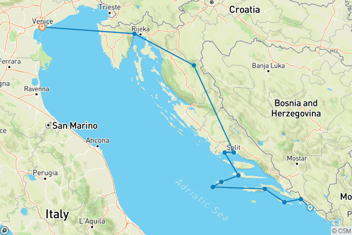 Map of Divine Adriatic cruise with romantic Venice