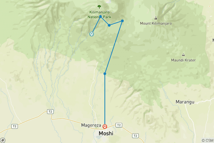 Map of Mount Kilimanjaro Climbing Via Umbwe Route 6 Days