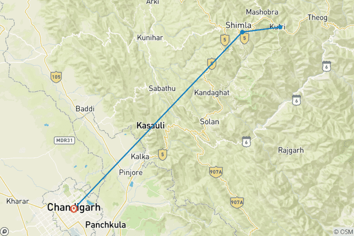 Map of Chandigarh to Shimla Hill Station Expedition