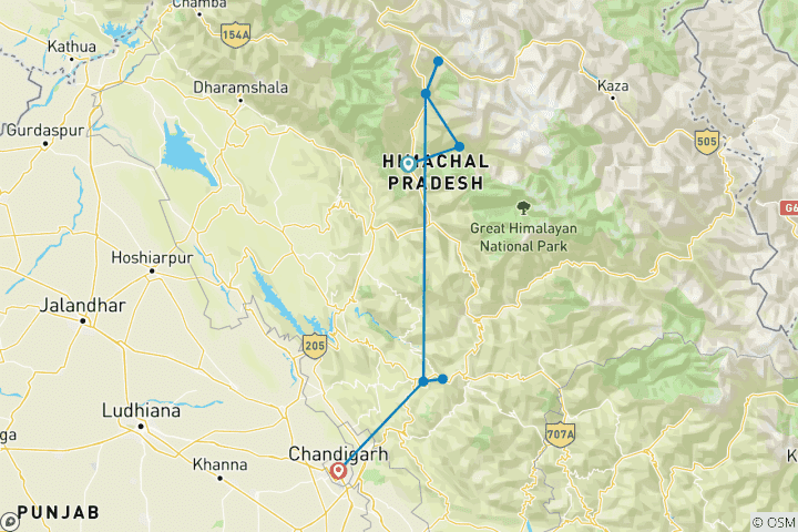 Mapa de Picos y valles: un circuito por Manali y Shimla