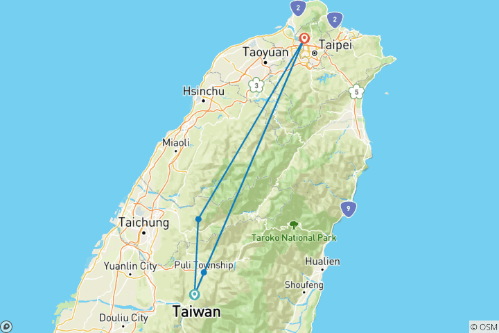 Map of 2-day Sun Moon Lake Private Tour from Taipei with Pick Up
