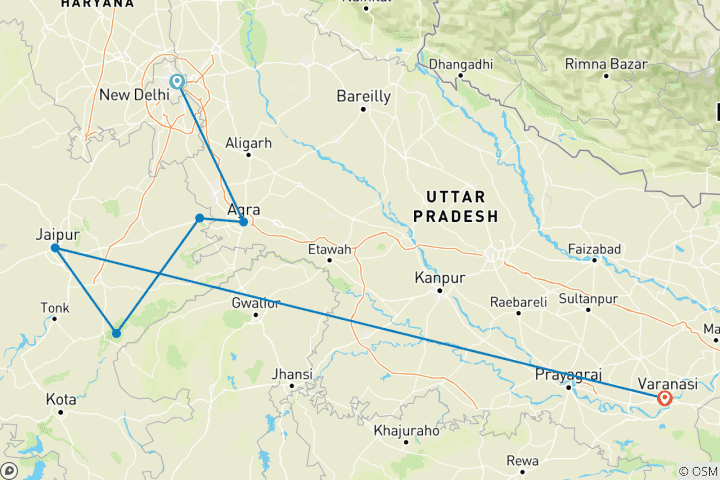 Kaart van Gouden Driehoek, tijgers en de Ganges (11 dagen)