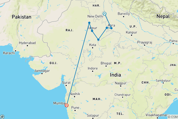 Kaart van De kleuren van Rajasthan met Mumbai (15 dagen)