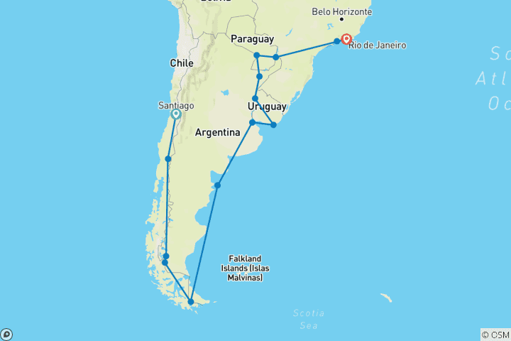 Mapa de Circuito en grupo por tierra de Santiago a Río de Janeiro