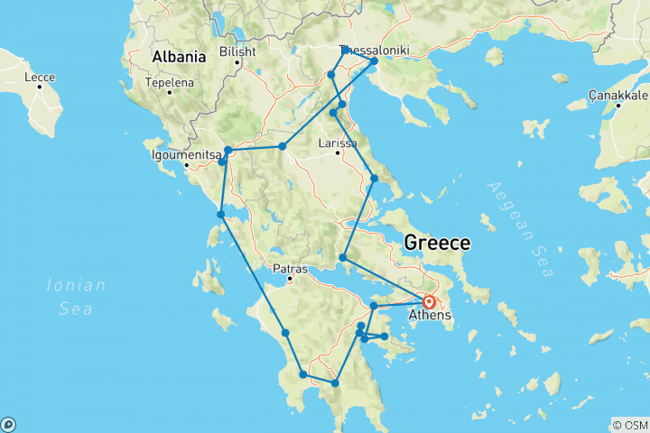 Carte du circuit 12 jours pour explorer les meilleurs sites classiques du nord et du sud de la Grèce