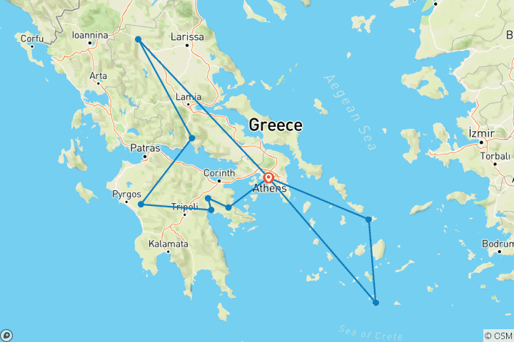 Carte du circuit Circuit de groupe de 13 jours en Grèce antique, Santorin, Mykonos et sites emblématiques