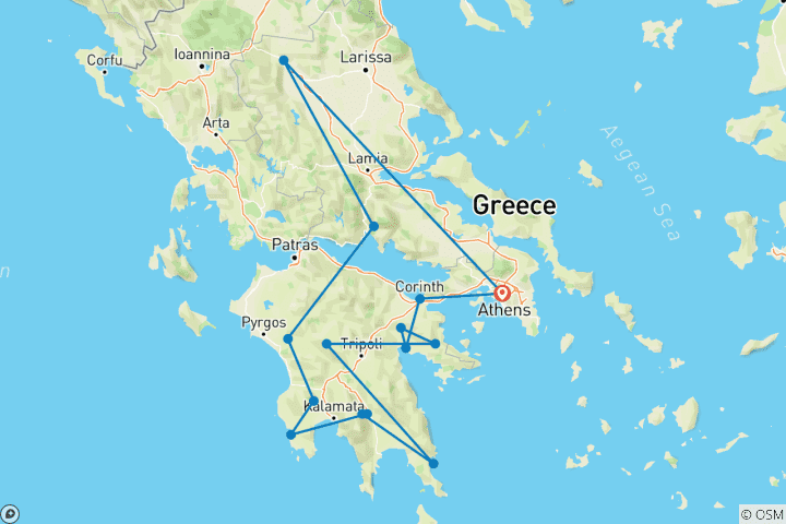 Map of 9 Day Tour in Ancient Peloponnese at UNESCO’s sites & Meteora