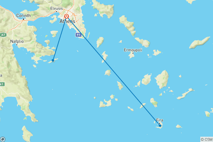 Carte du circuit Lune de miel romantique de 8 jours : Athènes, Santorin et croisière privée à Hydra