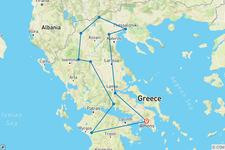 Map of 7-Day Northern Greece Tour – Athens, Delphi, Meteora, Kastoria & Thessaloniki