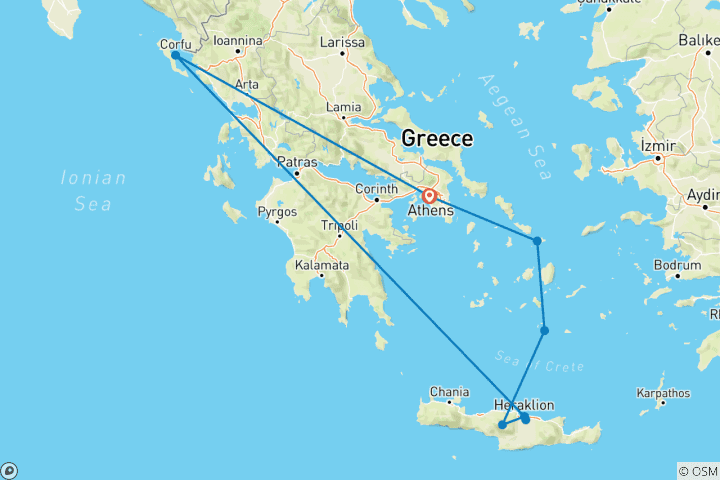 Map of 13 Day Island Tour in Mykonos, Santorini, Crete & Corfu