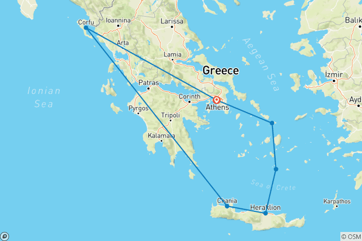 Carte du circuit Mykonos, Santorin, Crète et Corfou : 13 jours d'excursion sur les îles