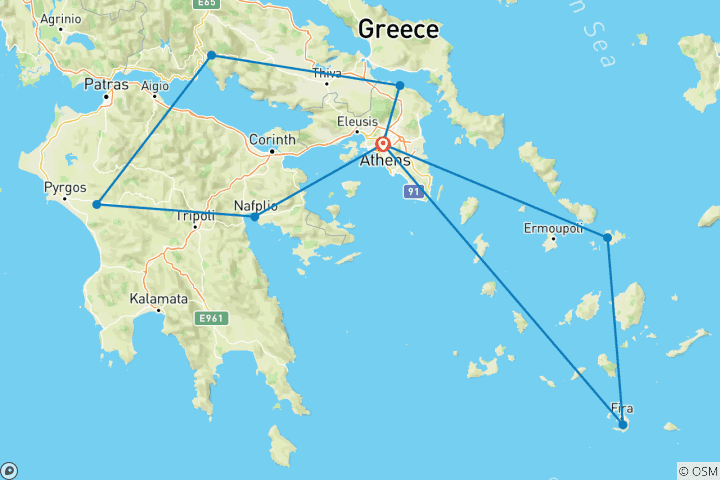 Carte du circuit Circuit en groupe de 10 jours à Mycènes, Olympie, Delphes, Météores, Santorin et Mykonos