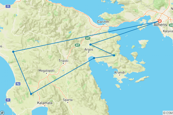 Mapa de Excursión de 3 días en el antiguo Peloponeso, Mesenia, Epikourios Apollon, Olimpia