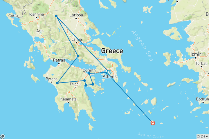 Map of 10 Day Best of Greece Tour: Nafplio, Olympia, Meteora, Delphi & Santorini