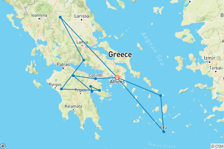 Carte du circuit 13 Visite privée de la Grèce antique avec visite de Mykonos et Santorin