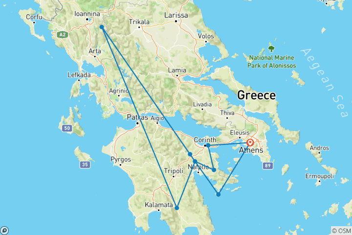 Map of 5-Day Greece Itinerary to Explore Athens, Peloponnese & Spetses