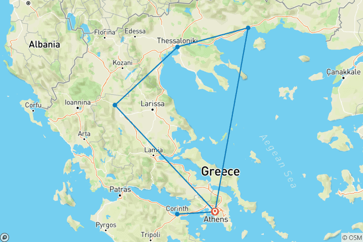 Map of 7 Day Christian Tour in Greece, Ancient Corinth, Veroia, Philippoi, Thessaloniki