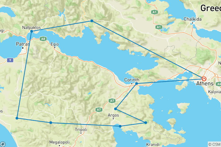 Map of 5 Day Classical Tour in Peloponnese: Argolis, Dimitsana, Olympia, Delphi