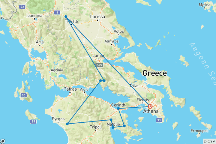 Map of 5 Day Tour in Corinth, Delphi, Mycenae, Olympia, Meteora & Cog Railway Trip