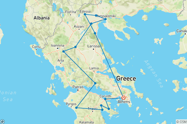 Map of 7 Day Tour in Ancient Greece, Mycenae, Delphi, Meteora, Vergina, Thessaloniki