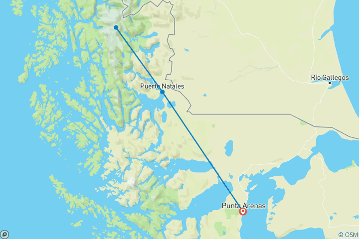 Map of Torres del Paine and Glaciers Luxury - 4 days