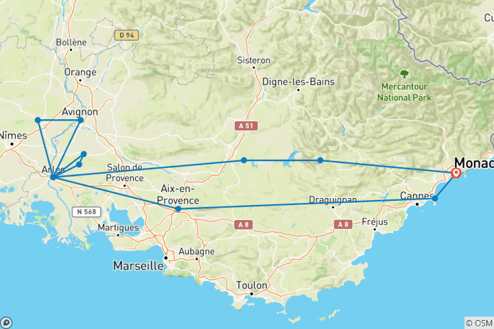 Carte du circuit Provence et Côte d'Azure 2023