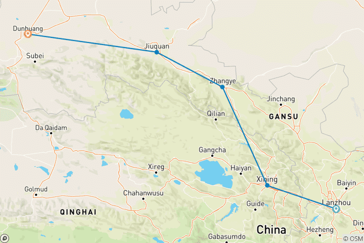 Carte du circuit Découverte de la route de la soie en Chine : Lanzhou, Xining, Zhangye, Jiayuguan et Dunhuang
