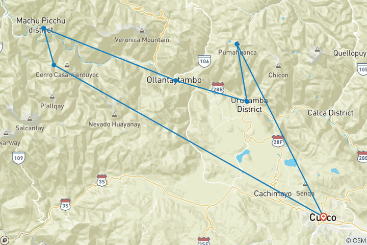 Map of Trek & Climb: Lares Valley to Glacier Velo De Le Novia (5,269m) – 6 Days