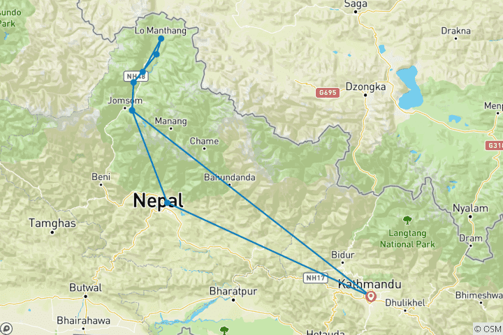 Map of Upper Mustang Trek - 17 Days