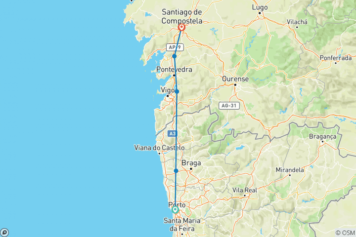 Mapa de Aventura en bicicleta por el Camino de Santiago 7D/6N - desde Oporto