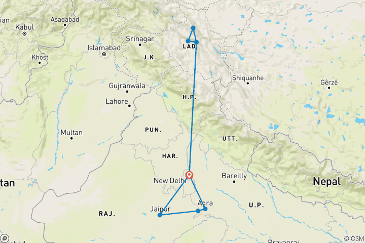 Kaart van Gouden Driehoek met Leh & Ladakh