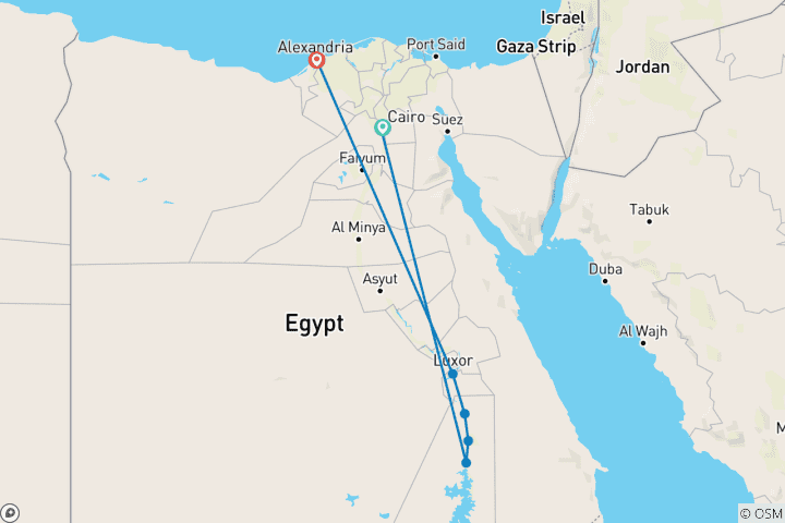 Map of Package 7-Days 6-Nights Cairo Pyramids, Nile Cruise&Alexandria by Sleeper Train