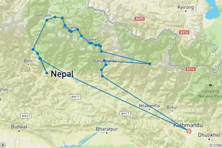 Map of Annapurna Circuit Trek - 18 Days