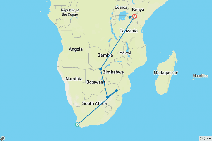 Map of Splendors of South Africa & Victoria Falls with Maasai Mara