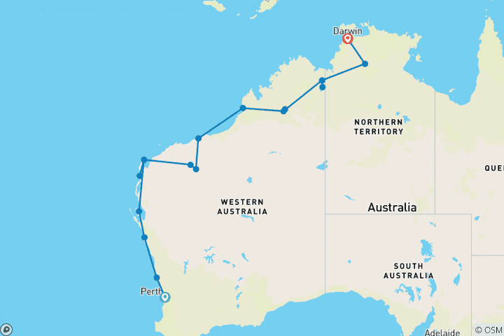 Carte du circuit Aventure sur la côte ouest - De Perth à Darwin (2024)