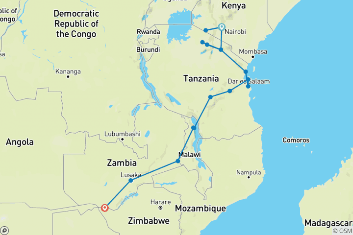 Map of 24-day Masai Mara to Victoria Falls (Camping)