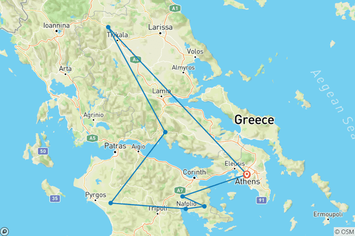 Mapa de Circuito en coche de 4 días por Argólida, Olimpia, Delfos y Meteora