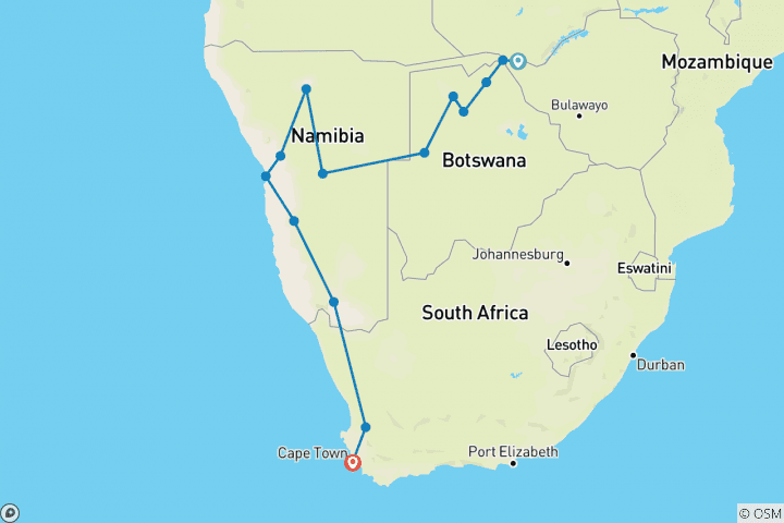 Map of 19-day Victoria Falls to Cape Town (Camping)