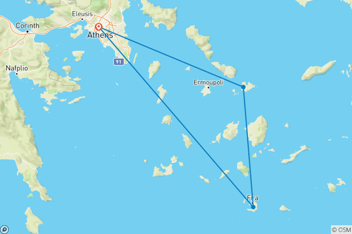 Mapa de Atenas, Mykonos y Santorini, viaje de 8 días