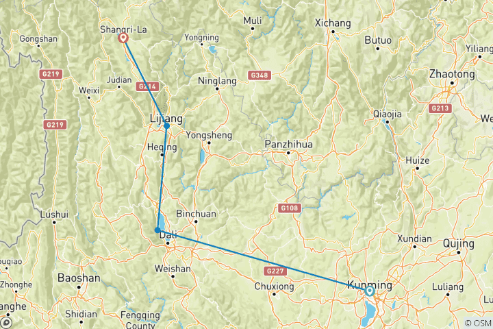 Carte du circuit Wild Yunnan 8D : Kunming, Dali, Lijiang, Shangri-La