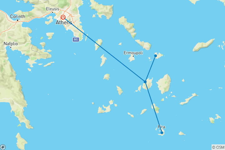 Mapa de Atenas y las Cícladas: Paros, Santorini y Mykonos, viaje de 8 días