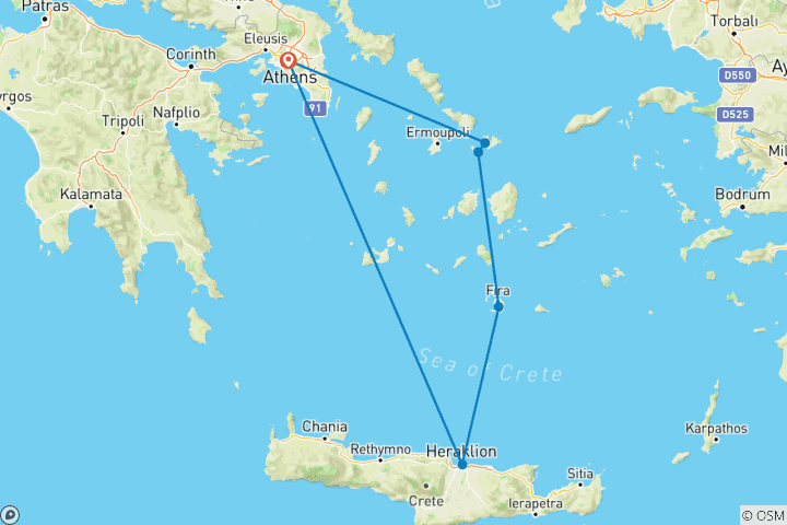 Mapa de Atenas, Mykonos, Delos, Santorini y Heraklion - Creta, viaje de 11 días