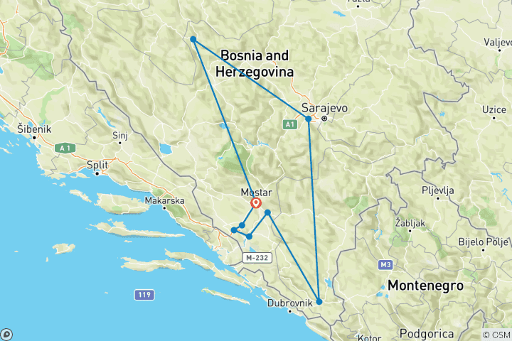 Map of Adorable tour in Bosnia and Herzegovina: UNESCO sites and other top destinations on a 9-days tour from Mostar