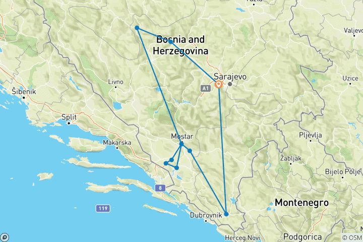 Carte du circuit Magnifique circuit en Bosnie- Herzégovine : Sites de l'UNESCO et autres destinations de premier plan en 8 jours au départ de Sarajevo