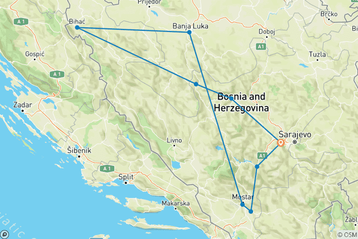 Kaart van Prachtige rondreis in Bosnië en Herzegovina: UNESCO sites en andere topbestemmingen op een 8-daagse rondreis vanuit Sarajevo