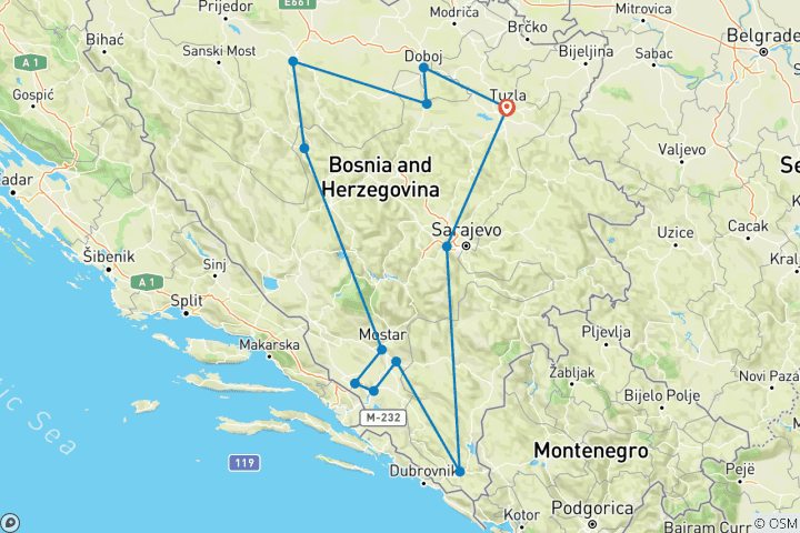 Karte von Bosnien und Herzegowina: UNESCO-Städte und andere Top-Destinationen 17 Tage (ab Tuzla)