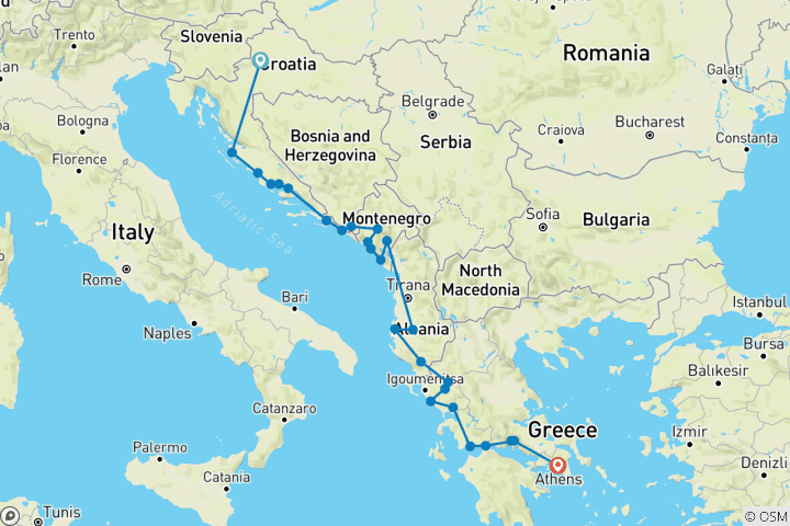 Mapa de Explora los Balcanes: ¡Croacia, Bosnia, Montenegro, Albania y Grecia en un viaje de 21 días desde Zagreb!