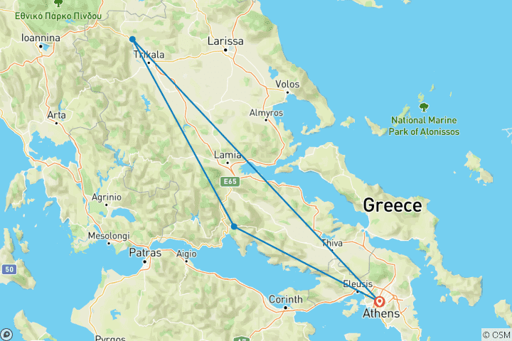 Carte du circuit Athènes, Delphes et Météores, circuit de 5 jours